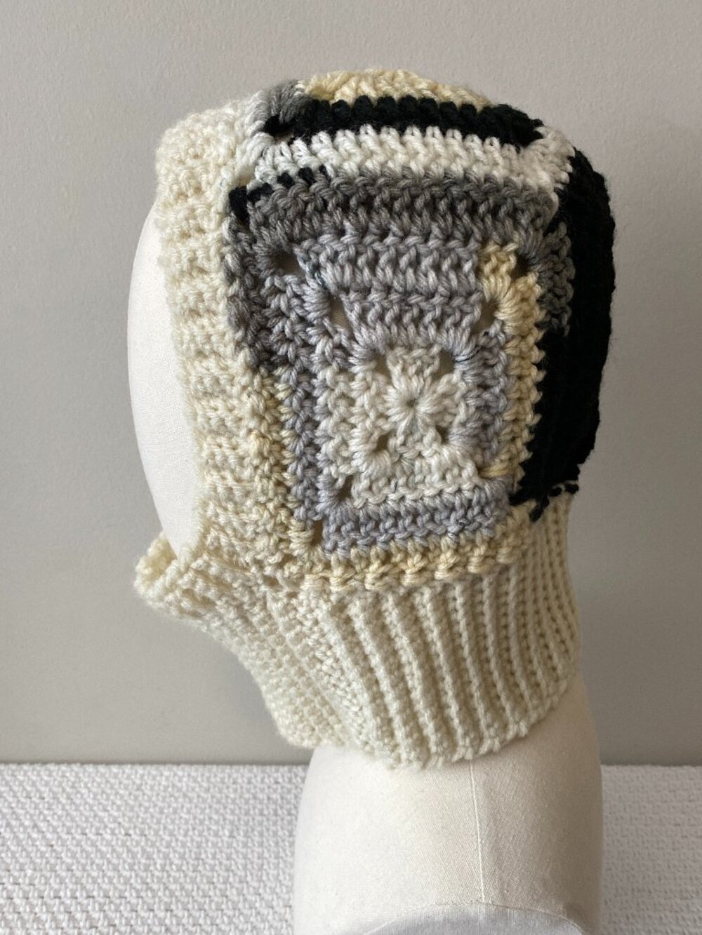 Handmade Crochet Black Grey Light Yellow Cream Granny Square Balaclava Hood
